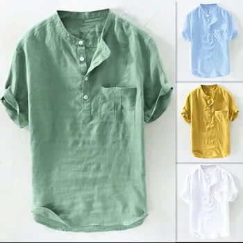  2023 Летняя новая мужская футболка с короткими рукавами из хлопка и льна, повседневная мужская футболка, мужская однотонная дышащая рубашка