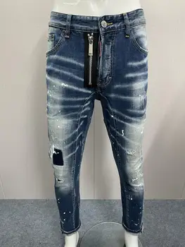  2023 Новые джинсы, модные мужские модные облегающие Светлые джинсовые брюки с дырочками, микроэластичные джинсовые брюки с маленькими ножками, разрушающие чернила