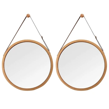  2X Подвесных круглых настенных зеркала в ванную и спальню-Прочная бамбуковая рама и регулируемый кожаный ремешок (бамбук, 15 дюймов)