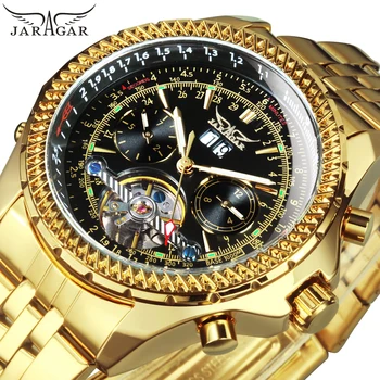  Jaragar Gold, Военные автоматические мужские часы, Календарь, светящиеся стрелки, Турбийон, Скелет, Механические часы, ремешок из нержавеющей стали