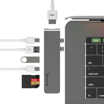  Адаптер-концентратор USB Type C 7 в 1, Двойная док-станция USB Type C для MacBook Pro с 4K HDMI-совместимым устройством чтения карт USB C USB3.0 SD/microSD