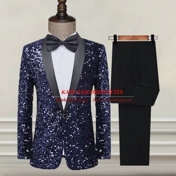  Банкетные мужские костюмы, блестящий Пиджак, черные брюки, 2 предмета, официальный деловой Смокинг для Выпускного Вечера, Смокинг для Жениха, Сшитое на заказ мужское модное платье