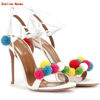  Белые Босоножки на шпильке 2022 Летние Разноцветные шарики для волос На тонком Высоком каблуке с круглым носком, ремешок на щиколотке, пряжка, Модная женская обувь