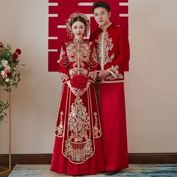  Великолепный золотисто-красный костюм XiuHe В традиционном китайском стиле, женское свадебное платье, бриллианты украшают Длинные рукава, комплект для Невесты