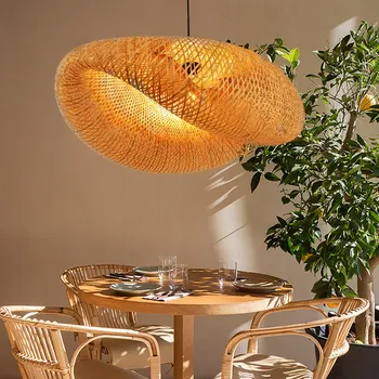  Винтажная Бамбуковая лампа, Плетеная Подвесная лампа E27, Подвесной потолочный светильник, Плетеная люстра из ротанга для декора комнаты, Спальни, Кухни