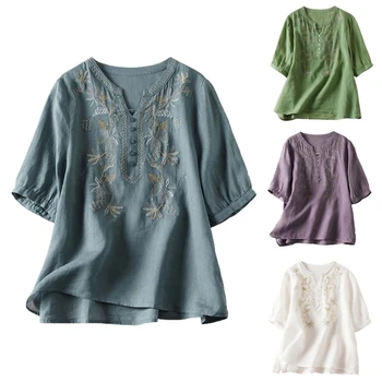  Женские блузки с вышивкой Рами, Повседневные элегантные летние рубашки с коротким рукавом