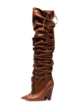  Зимняя Женская обувь из натуральной кожи, Необычные женские ботинки на каблуках, Эластичный ремешок, Плиссированные сапоги до колена, Зимние сапоги с острым носком