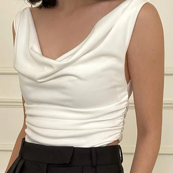  Летний женский базовый белый укороченный топ без рукавов, облегающий топ в складку, женская футболка, французская модная повседневная уличная одежда высокого качества