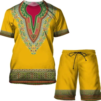  Летний мужской комплект из футболки и шорт с 3D Принтом в Африканском стиле, Мужская футболка для бега Дашики, спортивная одежда, Мужской повседневный комплект спортивной одежды