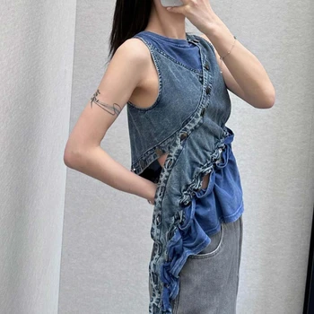  Летняя Женская синяя джинсовая рубашка без рукавов с оборками Неправильной формы, женские Дизайнерские модные рубашки на бретелях с оборками