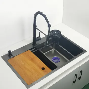  Матовая черная кухонная раковина Nano Над раковиной для мытья посуды с разделочной доской из нержавеющей стали 304, Одинарная черная кухонная раковина