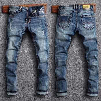  Модные Мужские джинсы в Итальянском стиле, ретро-Синие Эластичные облегающие Рваные джинсы, Мужские брюки, Винтажные Дизайнерские повседневные джинсовые брюки Hombre