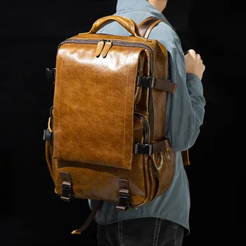  Модный рюкзак из натуральной кожи, мужской ретро-рюкзак ручной работы из первого слоя кожи, повседневная деловая сумка для компьютера, школьная сумка