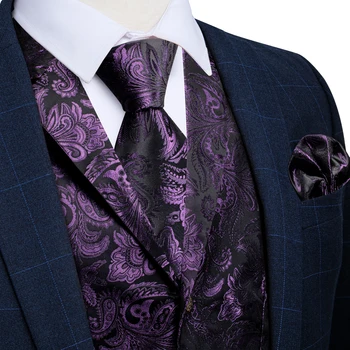  Модный фиолетовый мужской жилет с Пейсли, официальный тонкий жилет, галстук, карманные квадратные запонки, набор для свадебной вечеринки, Бесплатная доставка, подарок