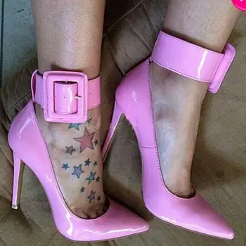  Новейшие Женские Красивые туфли-лодочки с розовым ремешком на щиколотке и пряжкой, вечернее платье, Новые женские туфли на высоком каблуке, Бесплатная доставка