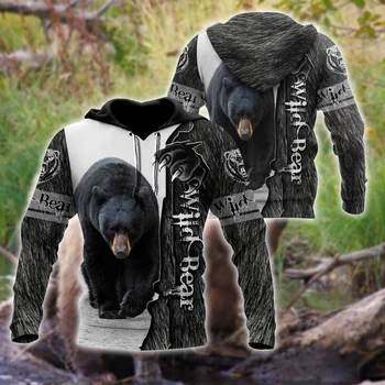  Охота на медведя с 3D принтом Модные Мужские Осенние толстовки Толстовка Уличная одежда Унисекс Повседневная куртка на молнии Пуловер KJ490