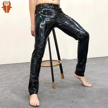  Разноцветные зеркальные облегающие эластичные кожаные брюки для мужчин, Гладкие сексуальные брюки из мягкой лакированной кожи для ночного клуба, Универсальная одежда для выступлений