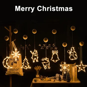  Рождественская лампа на присоске с батарейным питанием, светодиодные фонари, Колокольчик, Снеговик, Звезда, Праздничное украшение окна, лампа для домашнего декора Navidad
