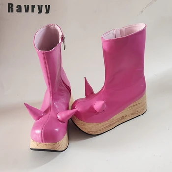  Розовые Высокие женские ботинки Little Devil с натуральным Деревом, нескользящая обувь на платформе с толстой подошвой, Летняя мода 2023 года, Высокие Рокерские ботинки