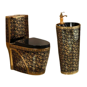  Роскошная ванная комната Аксессуары для ванной комнаты золотой Керамический черный туалет сантехника цветной пьедестал умывальник