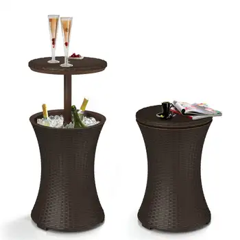  Роскошный столик для охлаждения напитков из ротанга на открытом воздухе во внутреннем дворике из смолы объемом 7,5 галлонов коричневого цвета с дополнительным местом для хранения - идеально подходит для любого мероприятия.