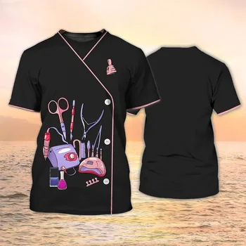  Рубашка для маникюрши, Женская футболка с 3D-принтом лака для ногтей в стиле Харадзюку, Футболки с коротким рукавом, Летний модный пуловер, Женские повседневные топы