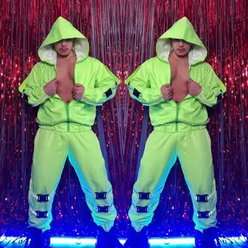  Флуоресцентный зеленый с капюшоном на молнии куртка брюки 2 шт набор джаз хип-хоп танцевальный костюм бар мужской певец команда сценический наряд