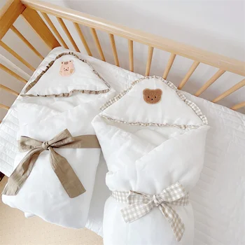 Хлопковое детское оберточное одеяло С мультяшным вышитым медведем, Спальный мешок для новорожденных, Зимнее Утолщенное Детское Оберточное одеяло, Детские постельные принадлежности