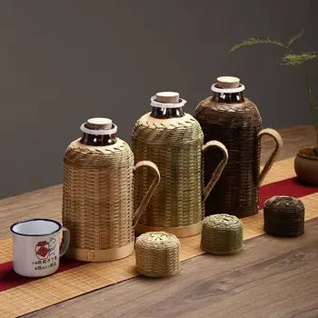  Чайник из бамбуковой ткани в стиле ретро, старомодный термос, бутылка для горячей воды, горшок из деревянного стекла с красной подкладкой, декоративный чайник с крышкой