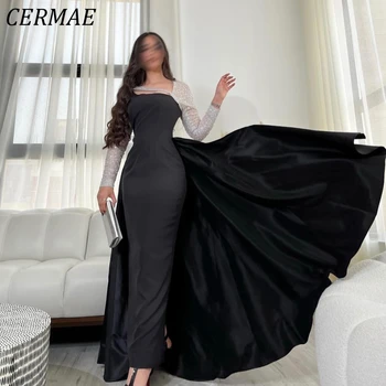  Шифоновое Вечернее платье CERMAE с длинными рукавами и пайетками, со Шлейфом, для выпускного Вечера, Трапециевидной формы, Черные вечерние платья для женщин 2023