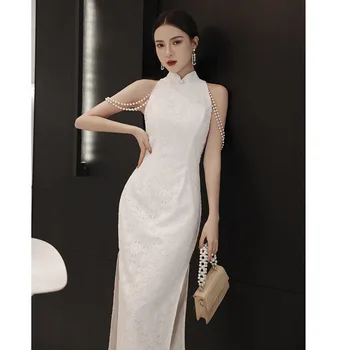  Элегантное Белое Улучшенное Ципао в китайском стиле С Высоким Разрезом Вечернее платье Женское Вечернее платье Robe De Soiree