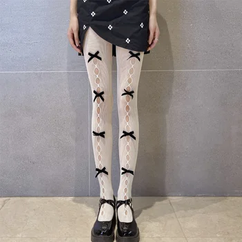  Японская Милая девушка, клетчатые бархатные носки с бантом ручной работы, Сетчатые носки с дырочками, Белые Колготки