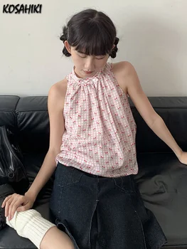  Японский Кавайный летний топ на бретелях, женская повязка с бантом и вишневым принтом, Y2k, укороченный короткий топ, сексуальная тонкая винтажная уличная одежда для девочек