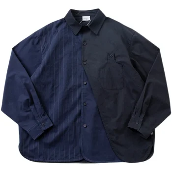  Японский свободный стиль, сшитая из двух частей темно-синяя рубашка с длинным рукавом, куртка, мужское модное хлопковое весенне-осеннее пальто